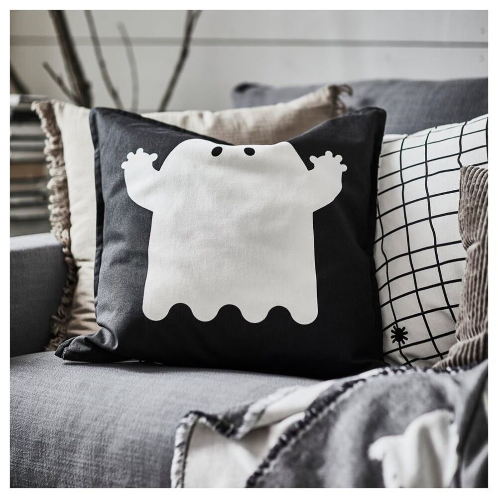 Ikea Halloween KUSTFYR Cushion cover Ghosts 20x20" Black White NEW 2025 Cotton - Picture 2 of 13